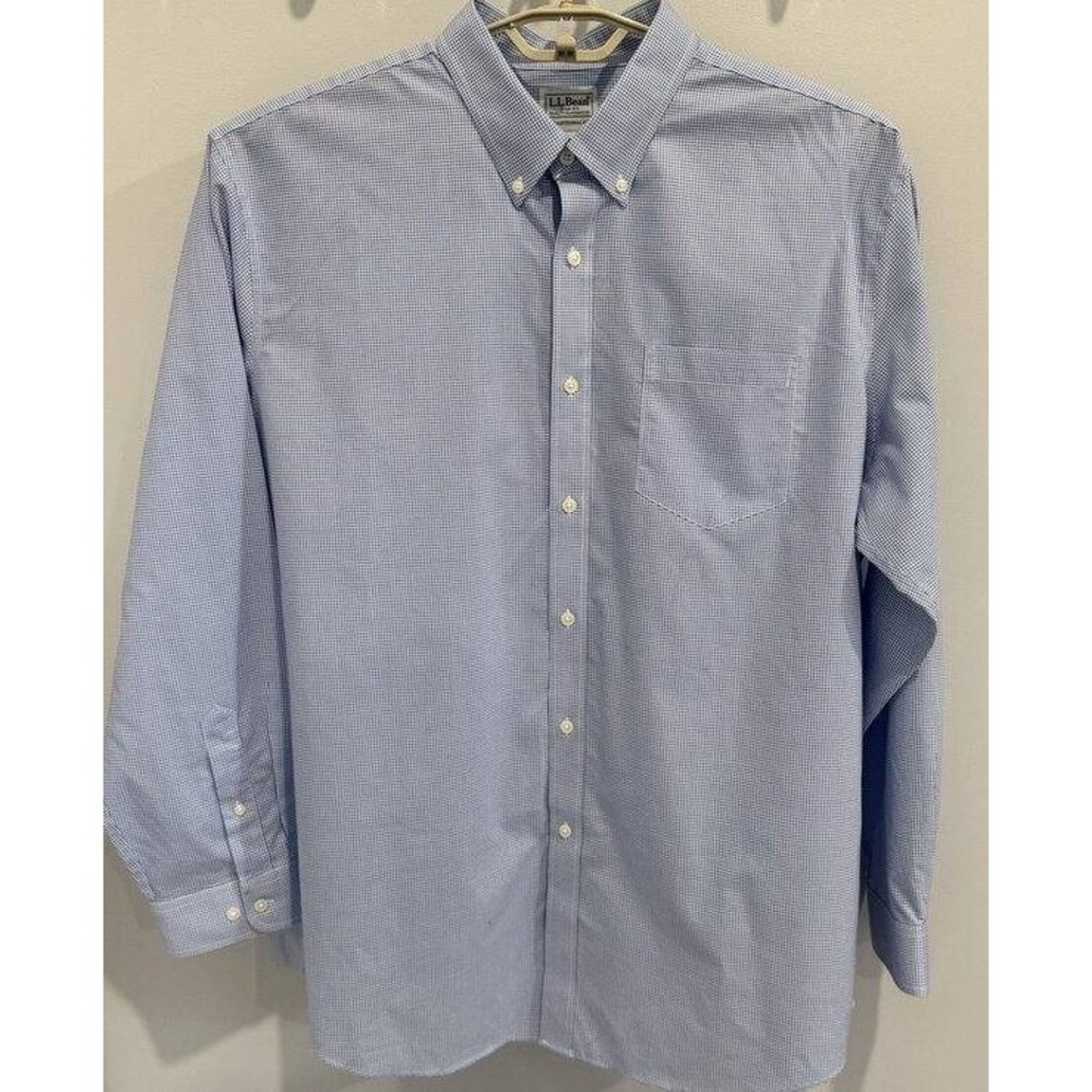 LL Bean Mens Wrinkle Free Kennebunk Sport Shirt Traditional Fit Check Blue XL
